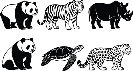 Wild animal silhouette collection featuring panda, tiger, rhinoceros, turtle and leopard isolated on white background, wildlife vector illustration set for nature design © MdAbdur