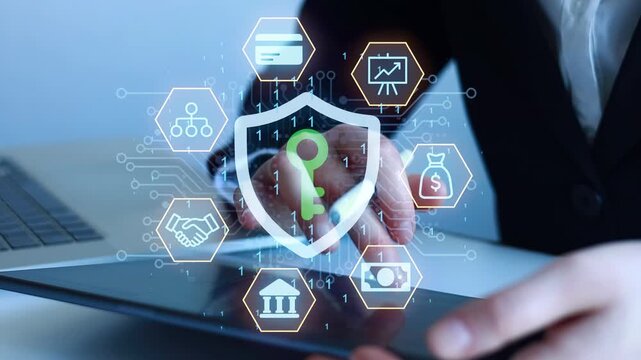 Digital security in action with technology tools and data protection strategies in a business setting during the workday.
