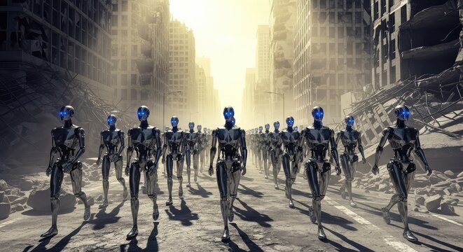 A legion of sleek metallic androids marches down a ruined street flanked by crumbling skyscrapers and thick layers of grey dust and debris, abandoned, machines, hyperrealistic