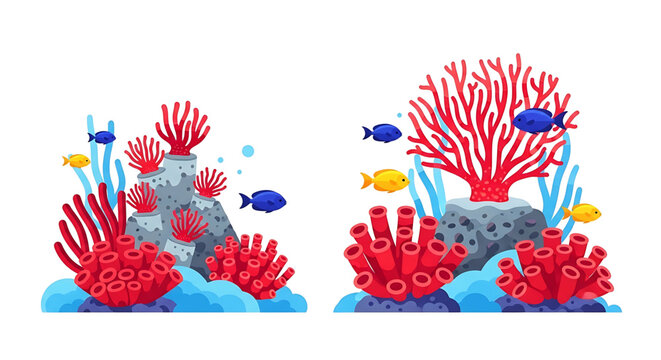 Underwater coral reef set with colorful corals and tropical fish