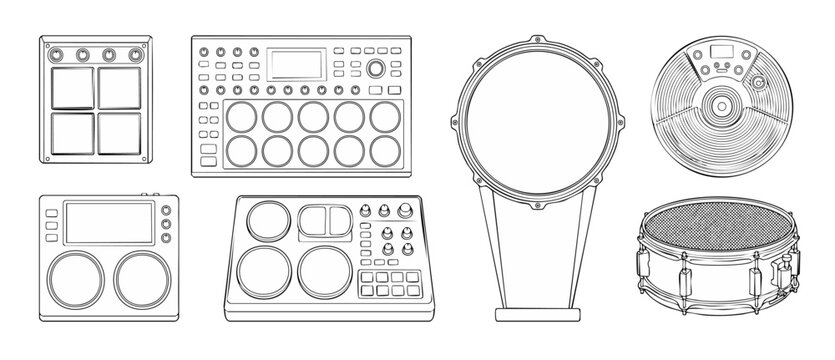 Music production gear and drum set icons, electronic controller pads, dj mixer, and percussion instruments outline collection for music studio recording, beat making, and sound engineering technology.