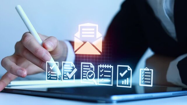 Business person using a tablet to send email while writing notes and organizing tasks during a work session in an office.