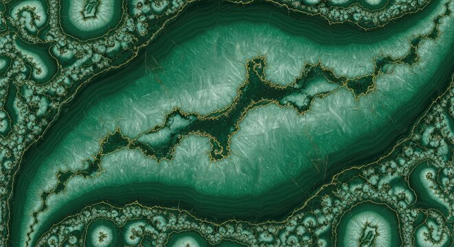A stunning abstract fractal texture showcasing rich green agate patterns interlaced with elegant shimmering gold veins and mineral swirls, intricate, polished, teal