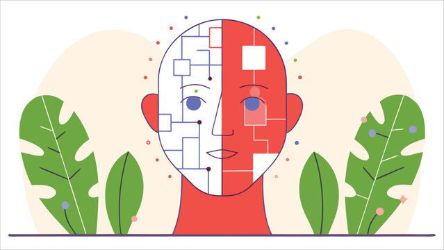 Illustration of human head with brain map and green monstera leaves on beige background