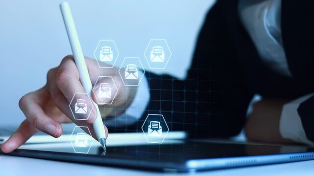 Person writes on a tablet while digital icons display communication and document symbols related to messages and notes.