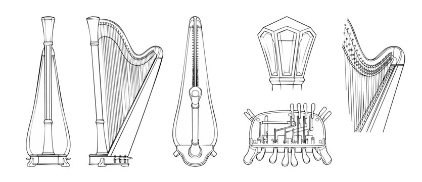 Harp musical instrument technical drawing set, classical pedal harp orthographic views and components, black and white line art vector illustration for music education and instrument construction diag