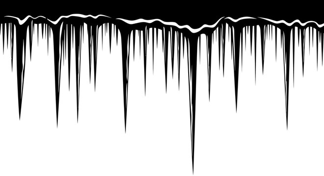 Sharp jagged icicles hanging down from a dark snowy roofline in a stark graphic winter scene with a clean white background for design elements