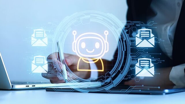 Business person using digital tools to communicate with chatbot on laptop at desk during working hours.