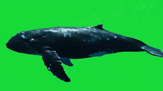 A large dark whale swimming gracefully underwater against a vibrant green background.