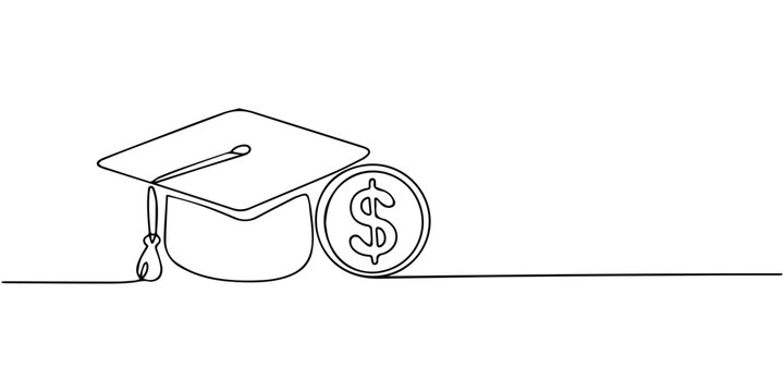 Graduation cap with currency symbols on continuous line background. no editable strokes, Single continuous line drawing pile of coins that getting higher and higher with graduation cap on highest