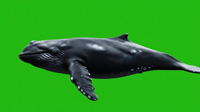 A large dark humpback whale swimming gracefully against a vibrant green screen background, showcasing its powerful flippers and distinctive body.
