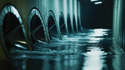 Fototapeta premium Industrial concrete tunnel with a line of large pipes experiencing water overflow, highlighting the infrastructure for water management and drainage in an urban environment