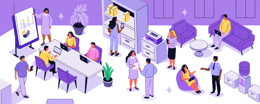 Business team communicate with colleagues in modern open space office. Startup, productivity, teamwork, hybrid tech infographic concept. Vector isometric illustration.