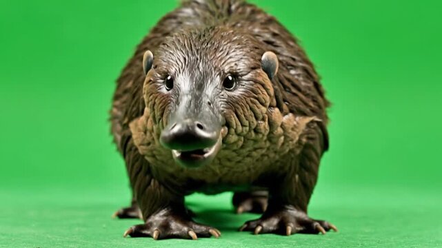 Detailed front view of a brown platypus-like toy figure with webbed feet against a vibrant green studio background.