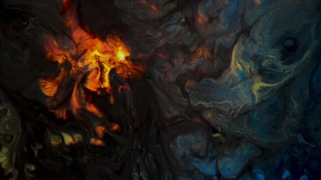 Mythical figure holding flaming torch in dark cavern with glowing embers