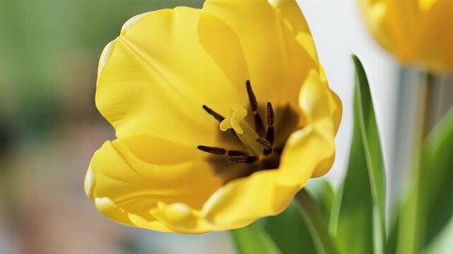 Closeup of a vibrant yellow tulip in full bloom with delicate petals and dark center.