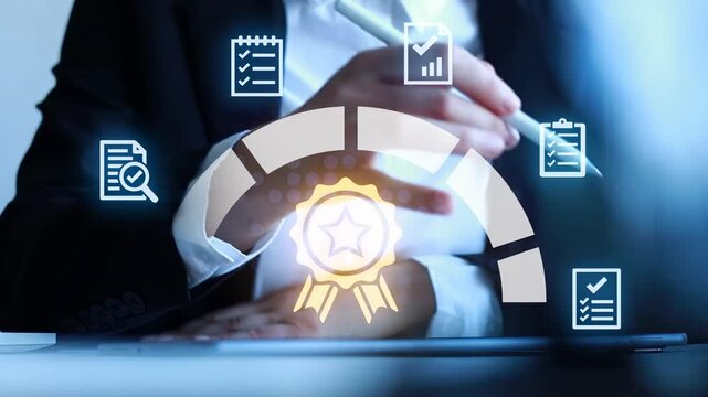 Hands working on a digital device to improve quality with various icons representing progress and tasks in a professional setting.