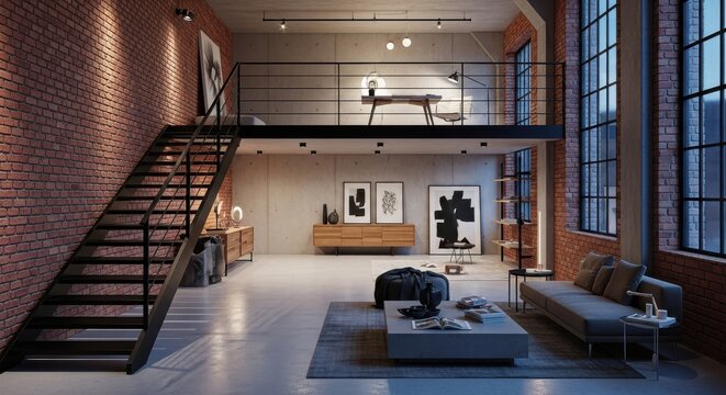 Chic industrial loft interior with exposed brick walls and modern mezzanine level showcasing a stylish living space.