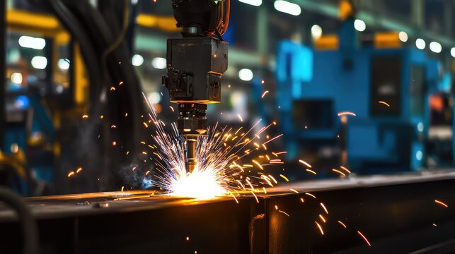 Robotic arm performing precision welding on metal beams in an expansive industrial factory, symbolizing advanced automation, efficient production, and cutting edge manufacturing technology