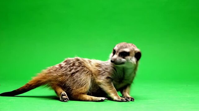 A small, alert meerkat with brown and tan fur standing on a vibrant green screen, looking curiously to the right.