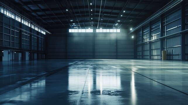 Empty large industrial warehouse interior featuring a vast empty concrete floor. Reflecting natural light entering through windows. Highlighting the clean. Functional architecture of the storage space