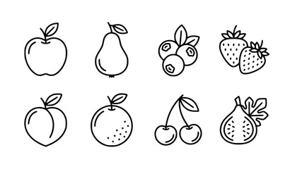 Minimal fruit line icon collection with apple pear berry peach orange cherry and fig vector set © MD