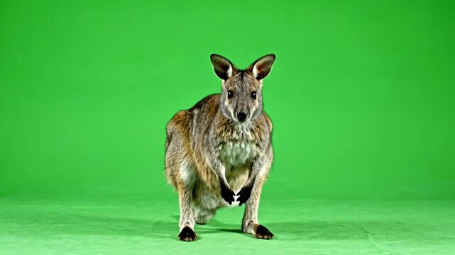 A wallaby, a small macropod native to Australia, stands upright on a vibrant green screen, looking directly at the camera.