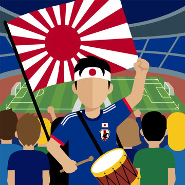 Excited Japanese football fan with Rising Sun flag and drum in stadium