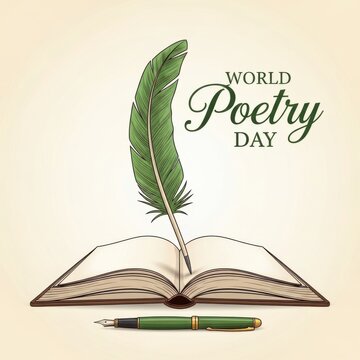 World poetry day concept with open book and vintage green quill pen
