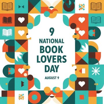 National book lovers day geometric pattern design with august 9 date