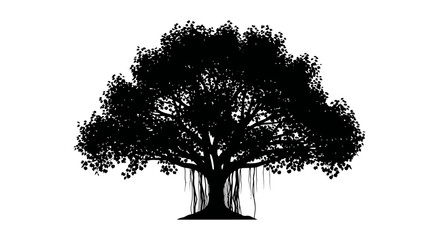 Majestic banyan tree silhouette with hanging aerial roots symbolizing growth wisdom and longevity isolated on a clean white background for versatile design applications © PABITRA