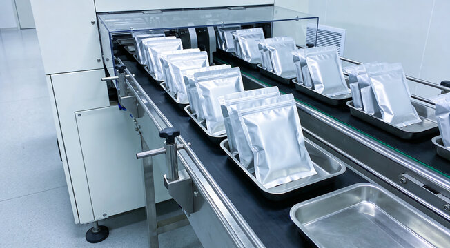 Automated packaging line processing silver pouches on a conveyor belt in a clean room