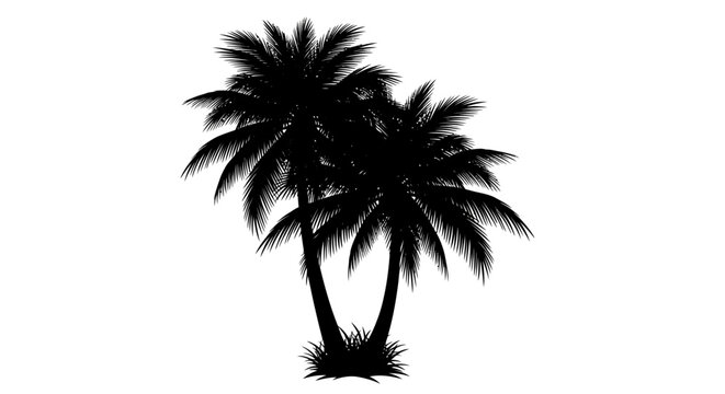 Silhouette of two lush palm trees with detailed fronds and a small clump of grass at their base isolated on a clean white background representing tropical vacation and summer