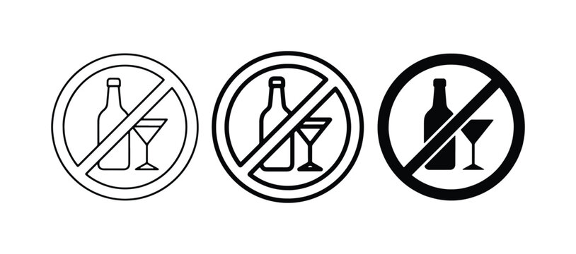 No Alcohol Icons, Prohibition Symbols, Drink Ban Signs - Set of 3 Vector Graphics