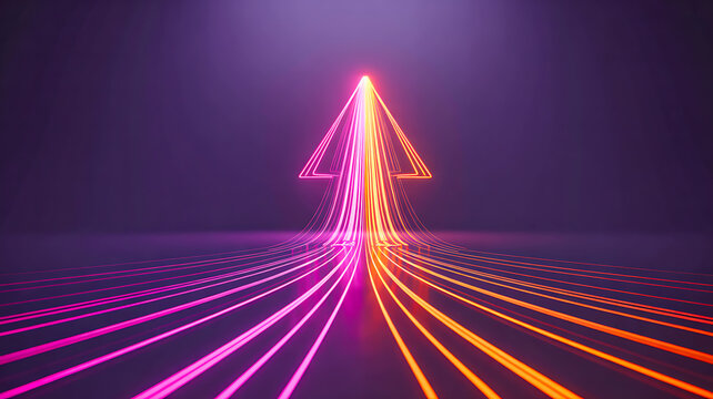 Neon glowing upward arrow with futuristic speed lines representing digital growth concept