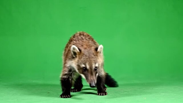 A coati, a small mammal with brown fur and a long snout, standing on a vibrant green screen background.