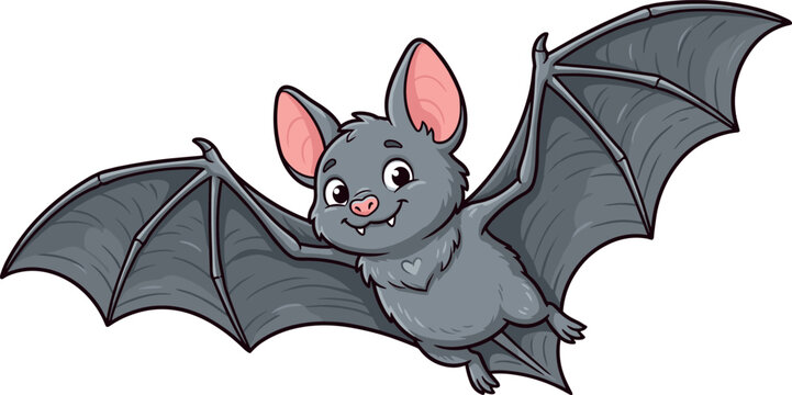 Cute Cartoon Gray Bat Flying with Wings Spread Open and Smiling Face Isolated on White Background Halloween Animal Vector Illustration