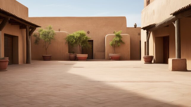 Courtyard architecture features traditional mud brick style buildings in earth tones under a clear sky, with potted plants adding a touch of natural accent and creating a calm, minimalist setting