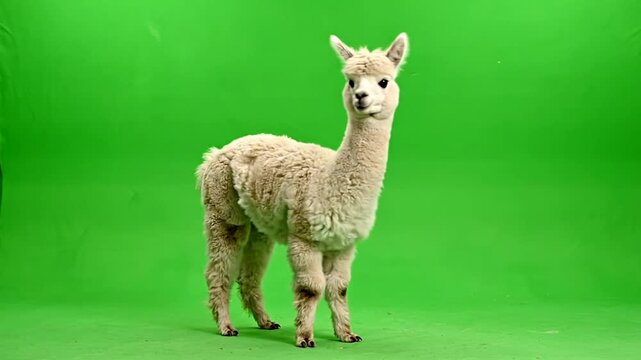 A fluffy light-colored alpaca standing on a vibrant green screen background, looking directly at the viewer.
