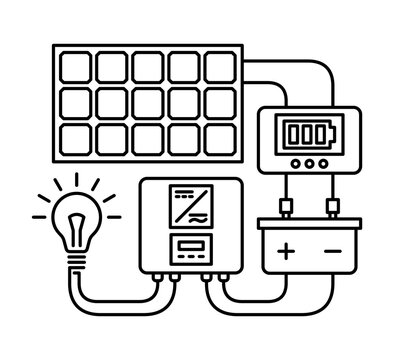 Solar panel and electric equipment - icon in bold line