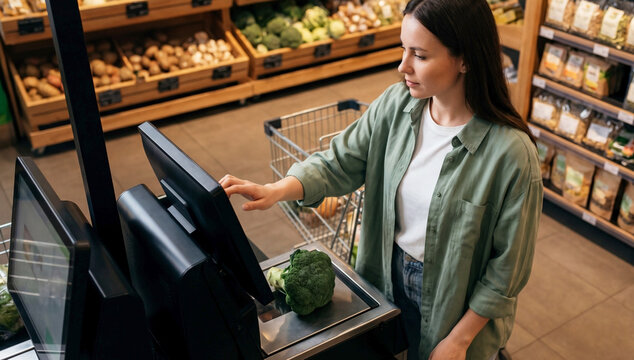 Woman using self checkout terminal while shopping in supermarket.Retail automation concept, modern technology in grocery store and independent consumer experience.