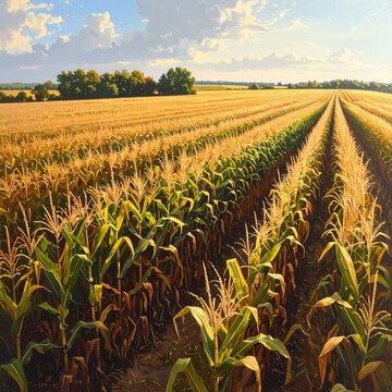 Morning Cornfield Under Blue Summer Sky