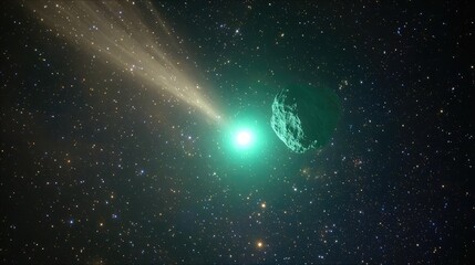 Fototapeta premium Comet with a bright green coma and glowing tail traveling through the star filled cosmos, a large asteroid accompanying it on its celestial journey across the universe