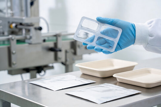 Gloved hand holding blister pack of empty capsules in a sterile production facility
