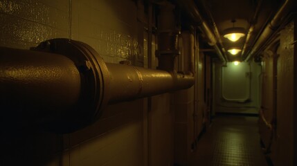 Fototapeta premium Long, narrow industrial corridor featuring a large pipe running along the wall, illuminated by overhead dim lights, creating an eerie ambiance within an enclosed space