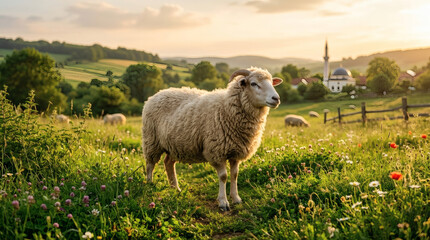 Obraz premium Sheep Grazing in Green Meadow at Sunset with Village Background