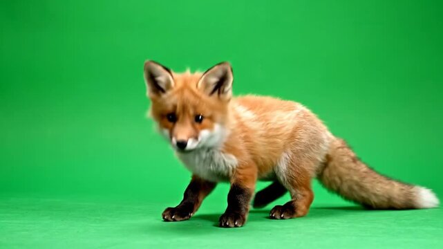 A small, young red fox with black paws and a bushy tail stands against a vibrant green background, looking directly forward.