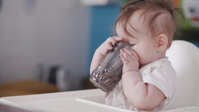 Funny Baby Girl Trying to Drink Water and Spilling It at Home