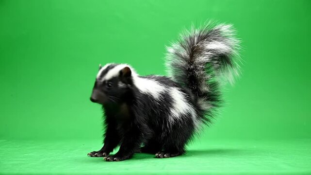 A striped skunk with black and white fur stands on a vibrant green background, looking to the left with its bushy tail raised.