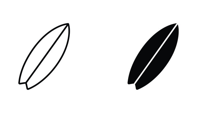 Surfboard vector icon set showcasing outline and solid black silhouette designs for surfing sports and beach lifestyle branding